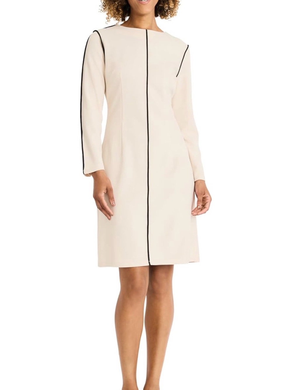Maggy London Cream Long-Sleeve Shift Dress with Black Trim